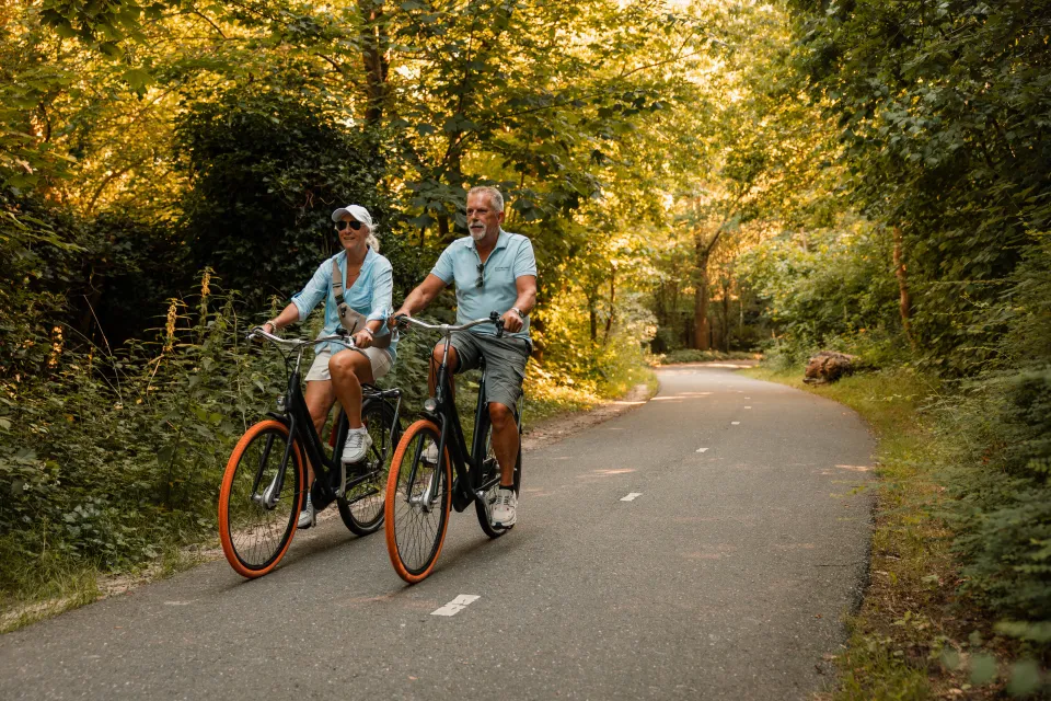 Stel fietst samen over het fietspad door het bos in het zonlicht